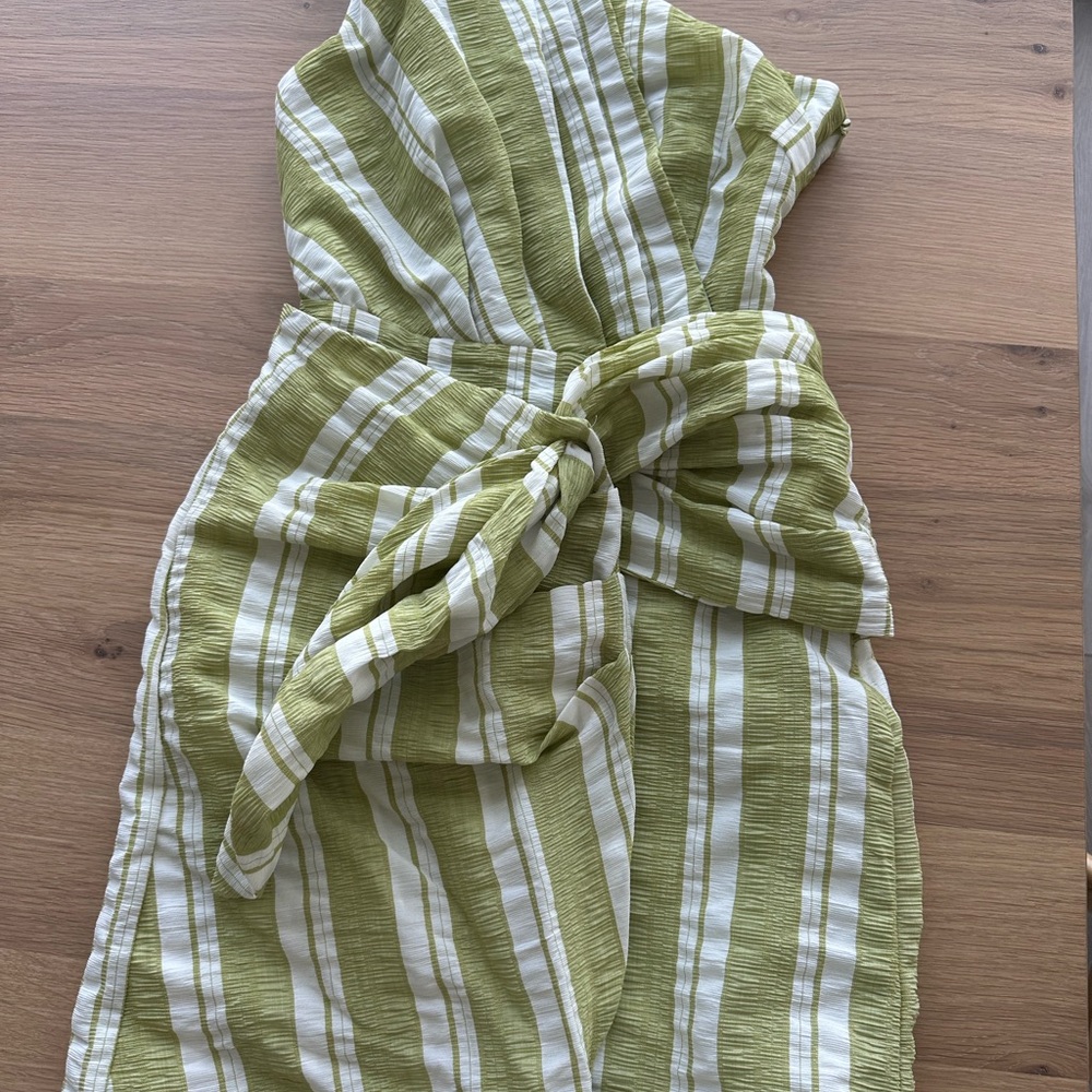 Green and White Striped Dress - one shoulder design